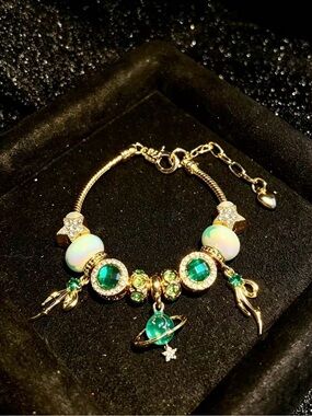 Gold-Tone Green Gem & Opal Charm Bracelet